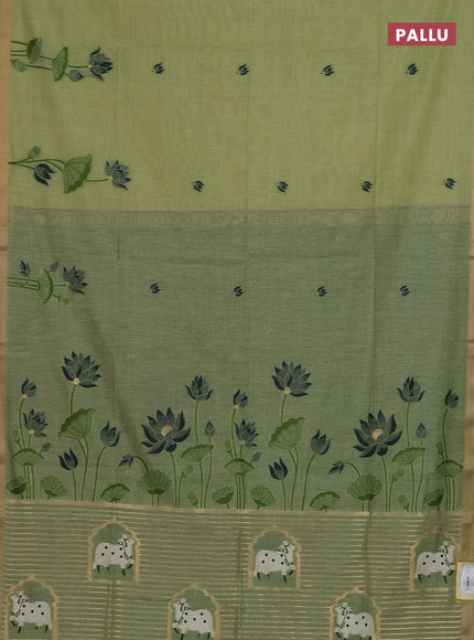Munga cotton saree pista green and bottle green with thread woven floral buttas and pichwai weaving pallu