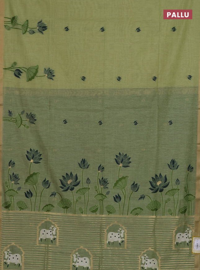 Munga cotton saree pista green and bottle green with thread woven floral buttas and pichwai weaving pallu