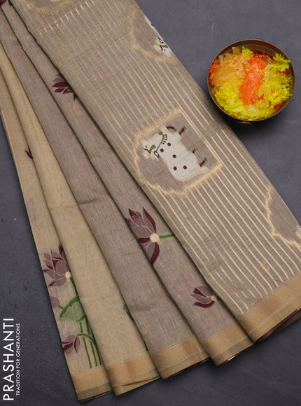 Munga cotton saree beige and deep maroon with thread woven floral buttas and pichwai weaving pallu