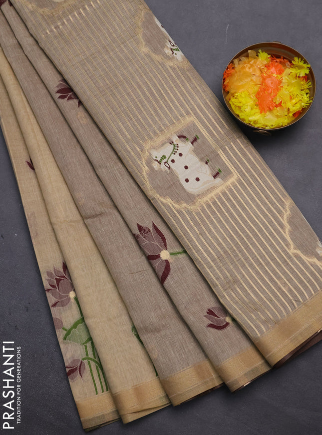 Munga cotton saree beige and deep maroon with thread woven floral buttas and pichwai weaving pallu