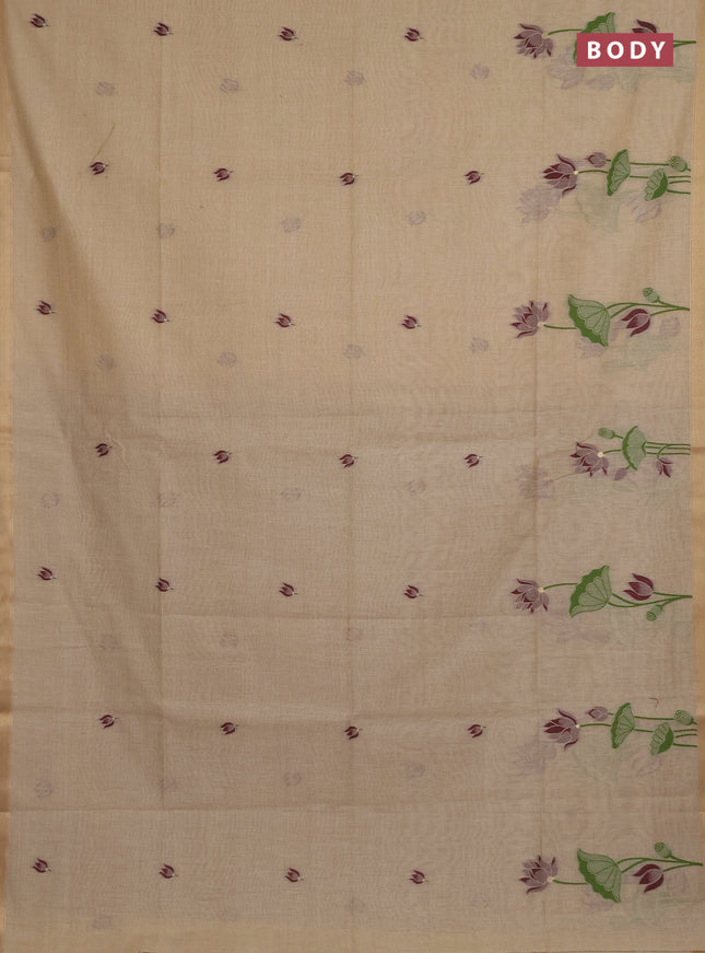 Munga cotton saree beige and deep maroon with thread woven floral buttas and pichwai weaving pallu