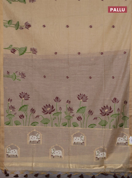 Munga cotton saree beige and deep maroon with thread woven floral buttas and pichwai weaving pallu