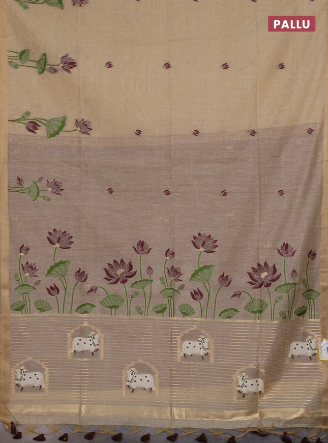 Munga cotton saree beige and deep maroon with thread woven floral buttas and pichwai weaving pallu
