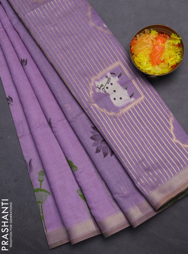 Munga cotton saree lavender and deep jamun with thread woven floral buttas and pichwai weaving pallu