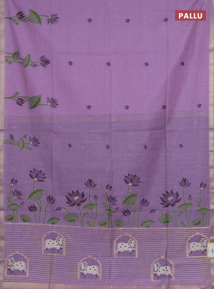 Munga cotton saree lavender and deep jamun with thread woven floral buttas and pichwai weaving pallu