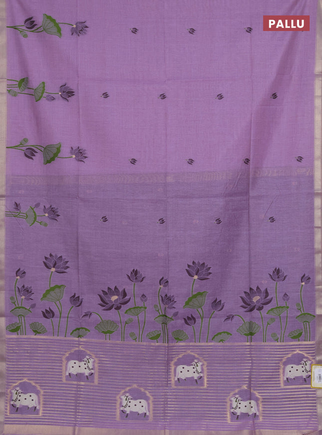 Munga cotton saree lavender and deep jamun with thread woven floral buttas and pichwai weaving pallu