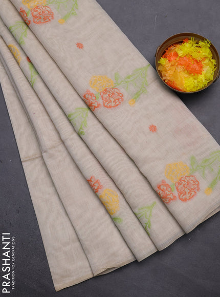 Munga cotton saree beige with thread woven floral buttas in borderless style