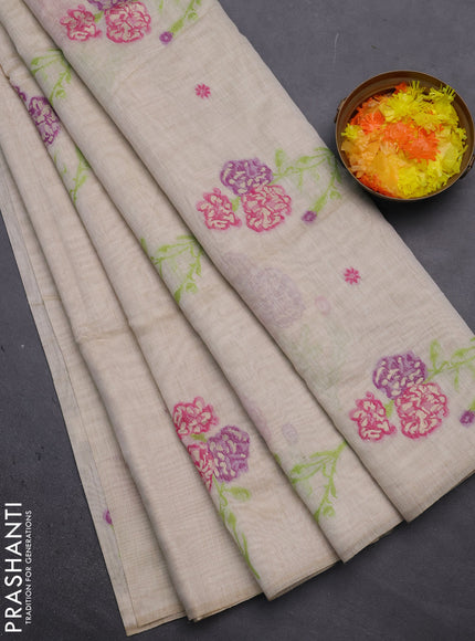 Munga cotton saree beige with thread woven floral buttas in borderless style