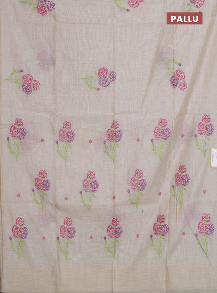 Munga cotton saree beige with thread woven floral buttas in borderless style