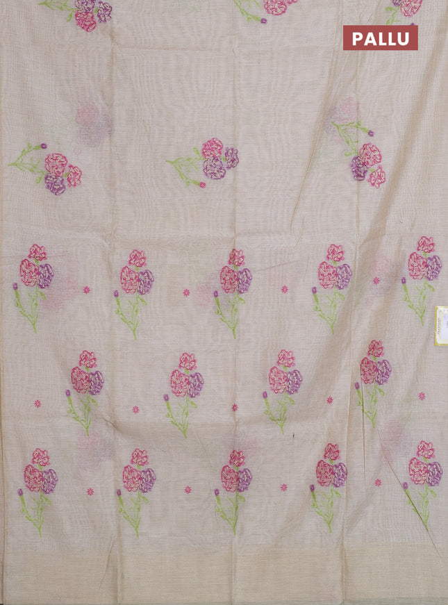 Munga cotton saree beige with thread woven floral buttas in borderless style