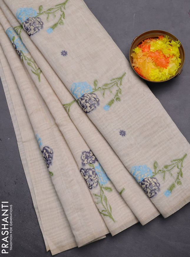 Munga cotton saree beige with thread woven floral buttas in borderless style