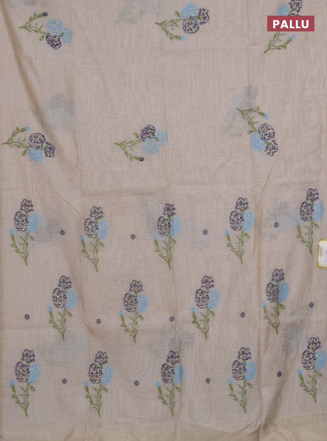 Munga cotton saree beige with thread woven floral buttas in borderless style