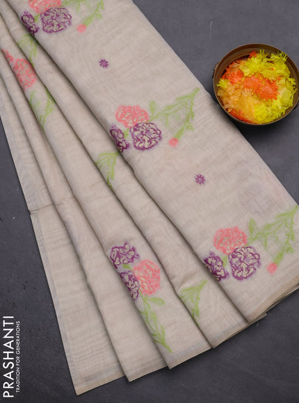 Munga cotton saree beige with thread woven floral buttas in borderless style