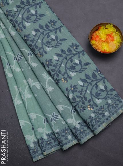 Munga cotton saree pastel green and navy blue with allover thread weaves and thread weaving pallu