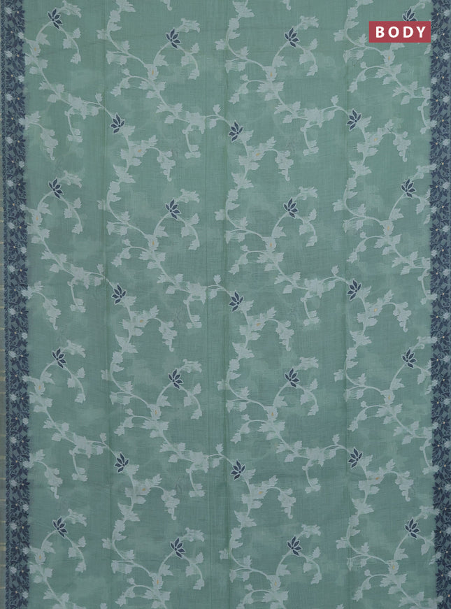 Munga cotton saree pastel green and navy blue with allover thread weaves and thread weaving pallu
