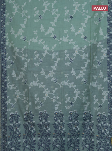Munga cotton saree pastel green and navy blue with allover thread weaves and thread weaving pallu
