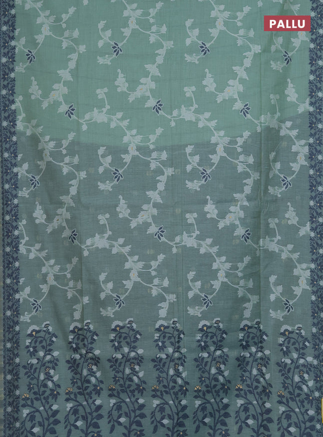 Munga cotton saree pastel green and navy blue with allover thread weaves and thread weaving pallu