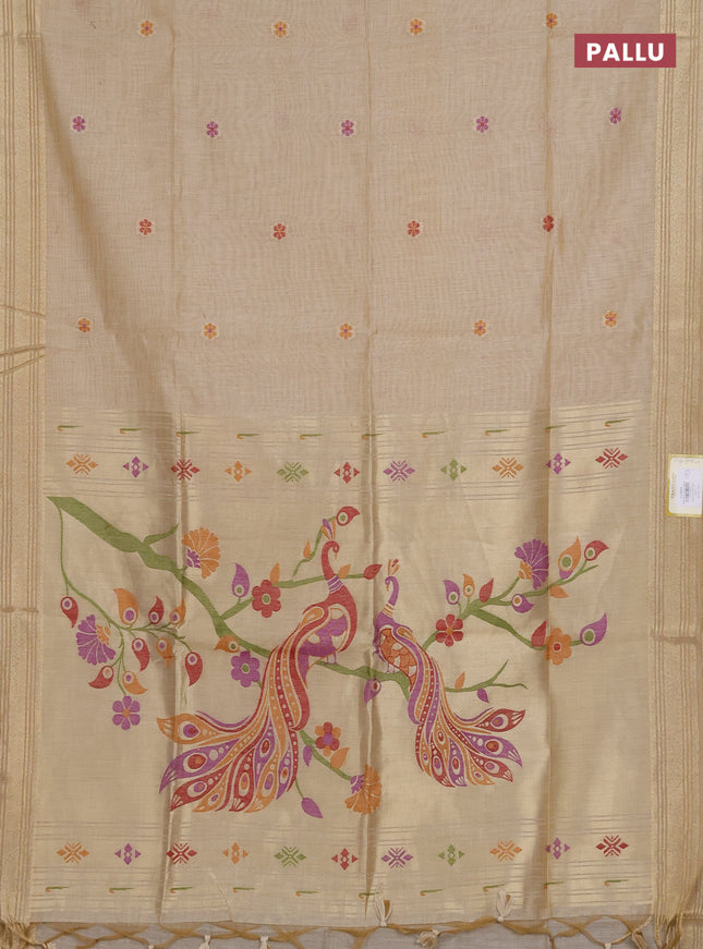 Munga cotton saree sandal with thread woven floral buttas and zari woven paithani design pallu