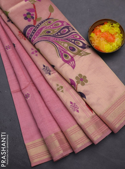 Munga cotton saree peach pink with thread woven floral buttas and zari woven paithani design pallu