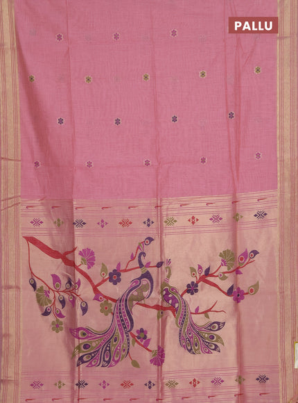 Munga cotton saree peach pink with thread woven floral buttas and zari woven paithani design pallu