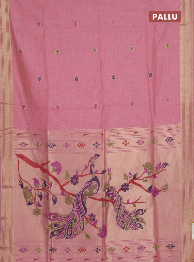 Munga cotton saree peach pink with thread woven floral buttas and zari woven paithani design pallu