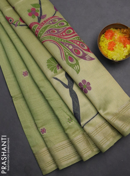 Munga cotton saree pista green with thread woven floral buttas and zari woven paithani design pallu