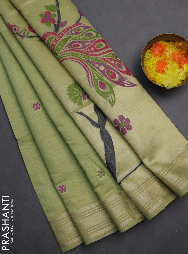 Munga cotton saree pista green with thread woven floral buttas and zari woven paithani design pallu