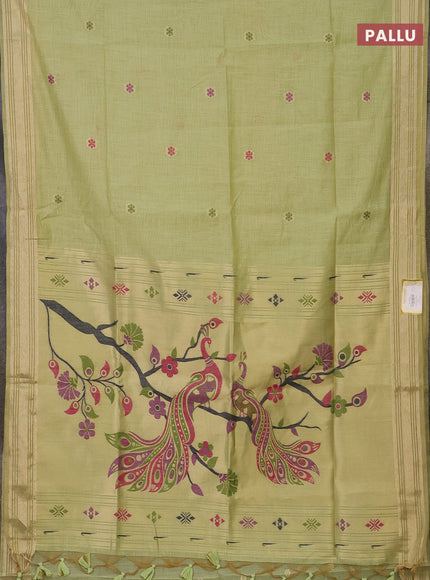 Munga cotton saree pista green with thread woven floral buttas and zari woven paithani design pallu