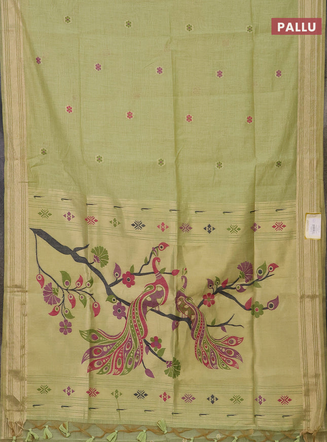 Munga cotton saree pista green with thread woven floral buttas and zari woven paithani design pallu