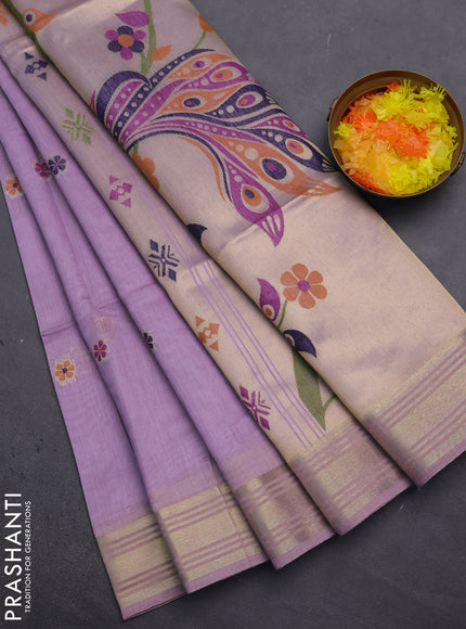 Munga cotton saree lavender with thread woven floral buttas and zari woven paithani design pallu