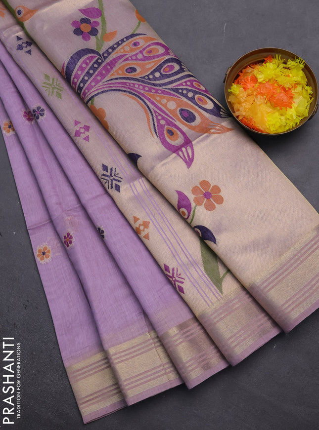 Munga cotton saree lavender with thread woven floral buttas and zari woven paithani design pallu