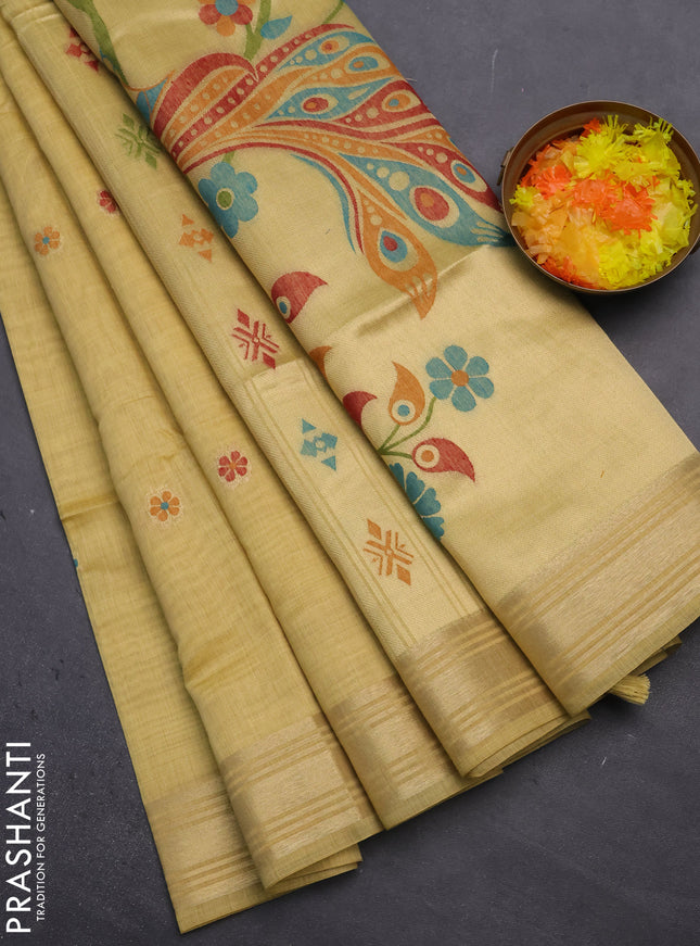 Munga cotton saree yellow with thread woven floral buttas and zari woven paithani design pallu