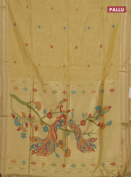 Munga cotton saree yellow with thread woven floral buttas and zari woven paithani design pallu