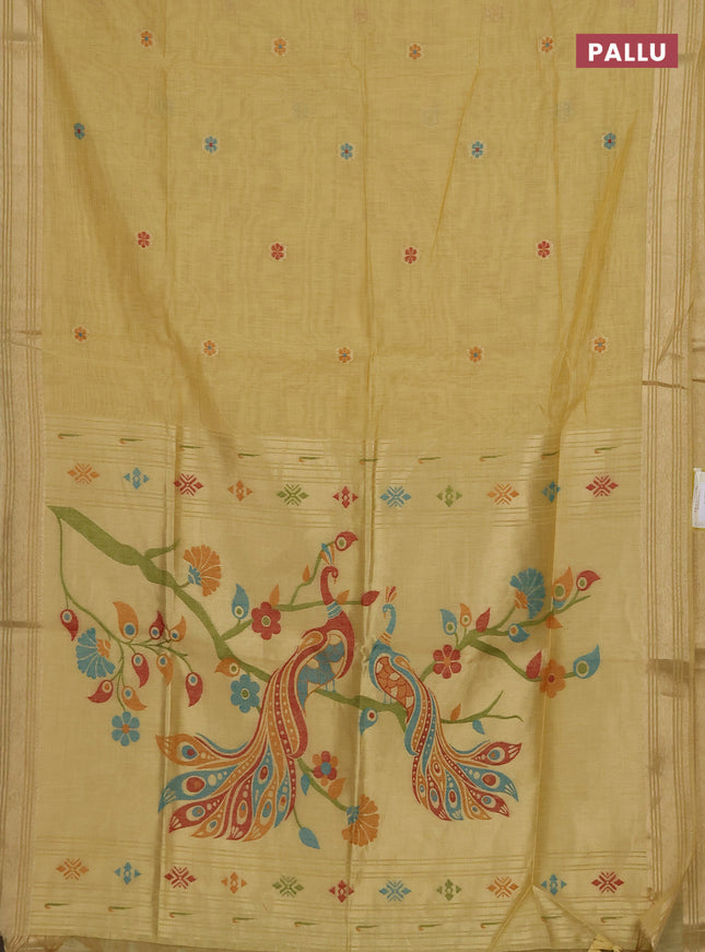 Munga cotton saree yellow with thread woven floral buttas and zari woven paithani design pallu