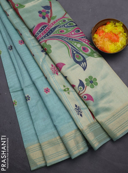 Munga cotton saree teal blue with thread woven floral buttas and zari woven paithani design pallu