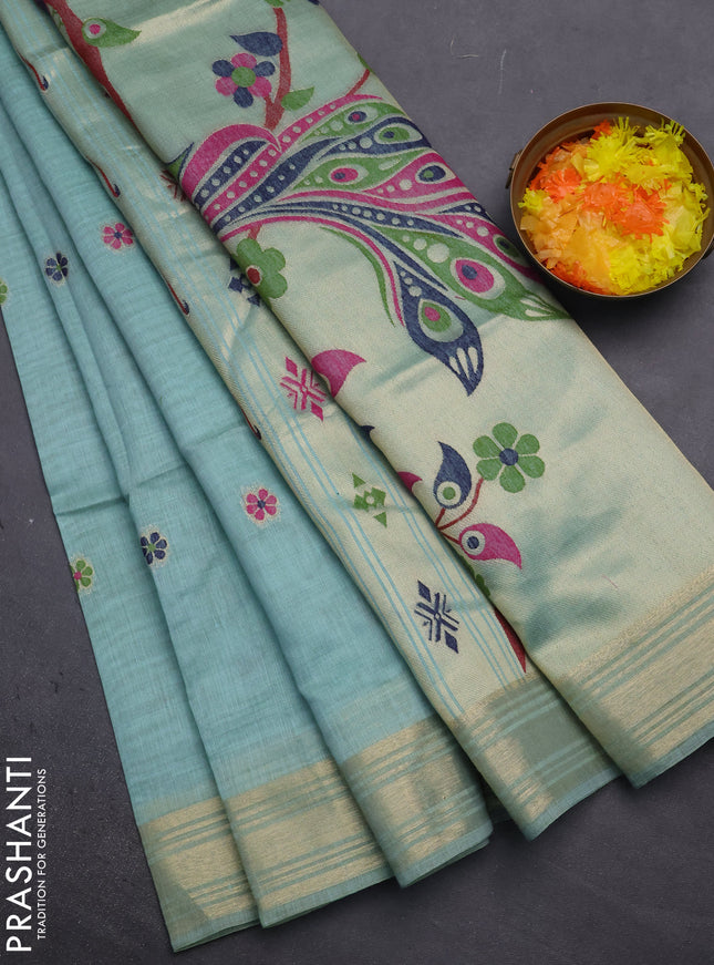 Munga cotton saree teal blue with thread woven floral buttas and zari woven paithani design pallu