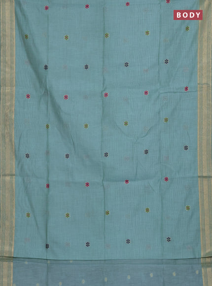 Munga cotton saree teal blue with thread woven floral buttas and zari woven paithani design pallu
