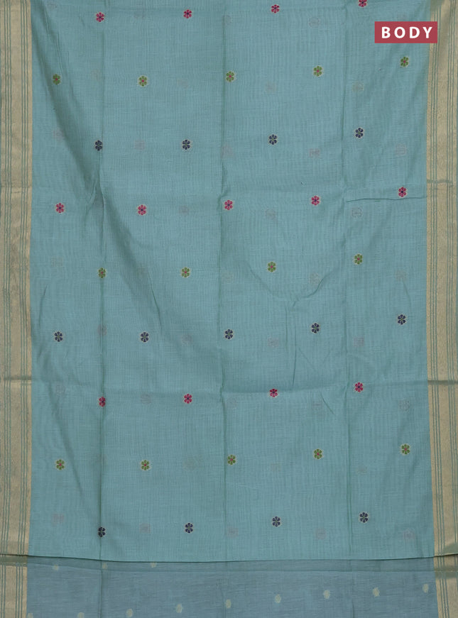 Munga cotton saree teal blue with thread woven floral buttas and zari woven paithani design pallu