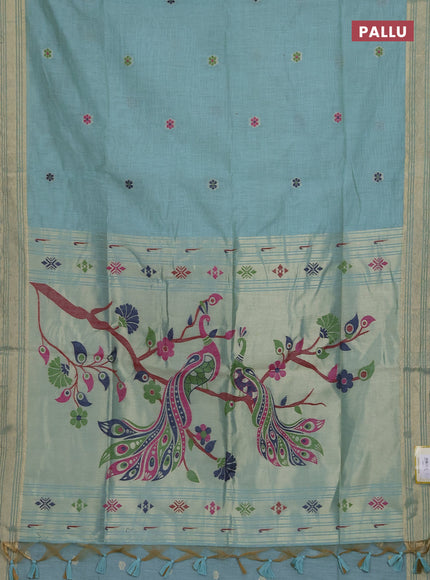 Munga cotton saree teal blue with thread woven floral buttas and zari woven paithani design pallu