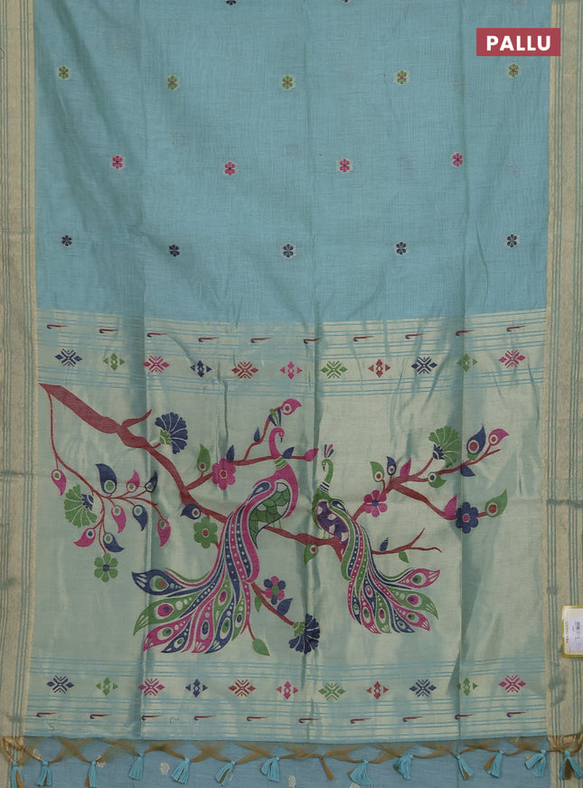 Munga cotton saree teal blue with thread woven floral buttas and zari woven paithani design pallu