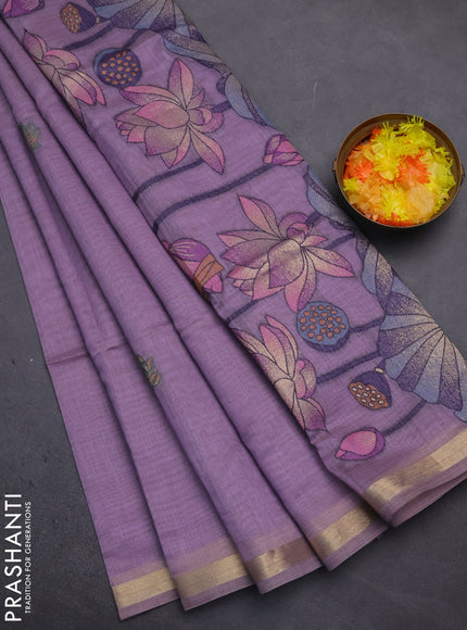 Munga cotton saree lavender with thread woven floral buttas and floral design pallu