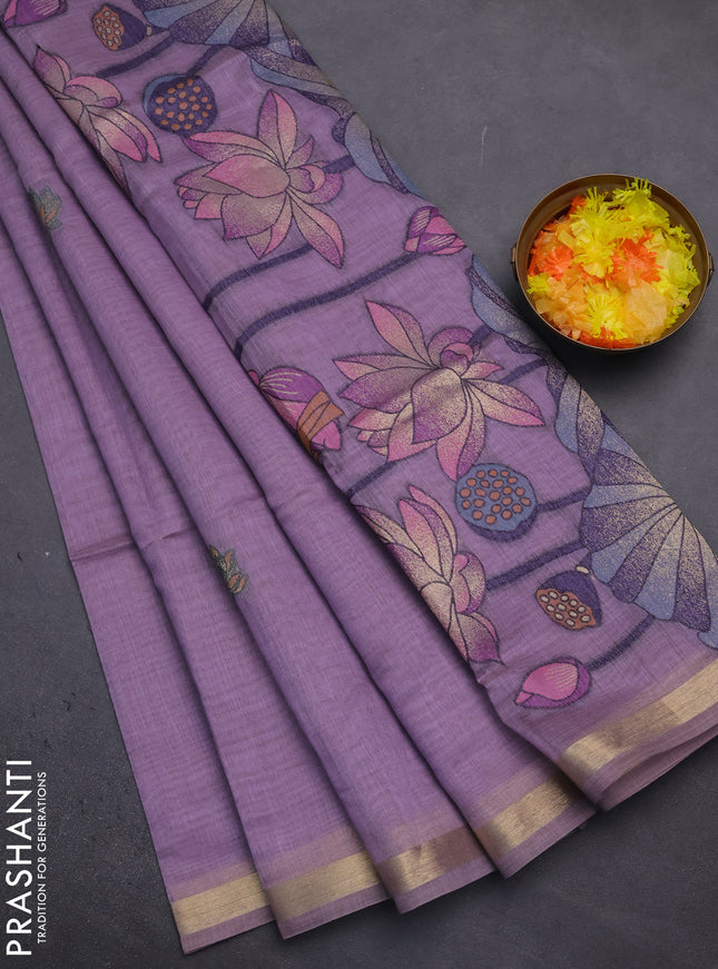 Munga cotton saree lavender with thread woven floral buttas and floral design pallu
