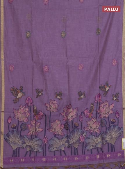 Munga cotton saree lavender with thread woven floral buttas and floral design pallu