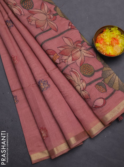 Munga cotton saree peach shade with thread woven floral buttas and floral design pallu
