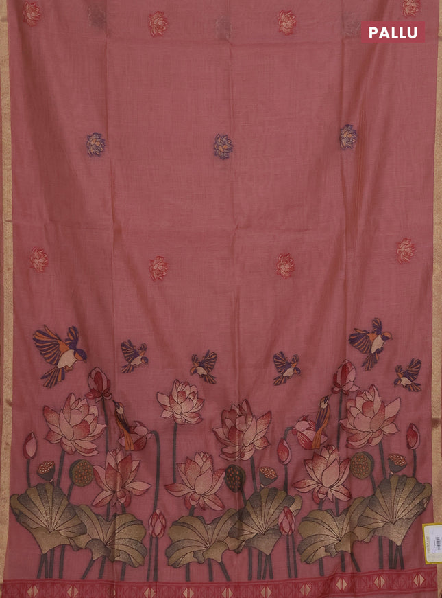 Munga cotton saree peach shade with thread woven floral buttas and floral design pallu