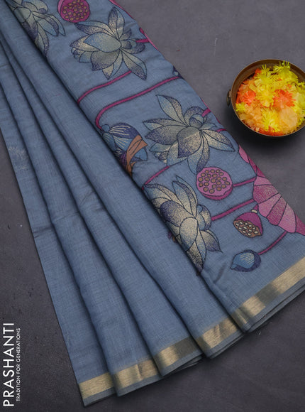 Munga cotton saree bluish grey with thread woven floral buttas and floral design pallu