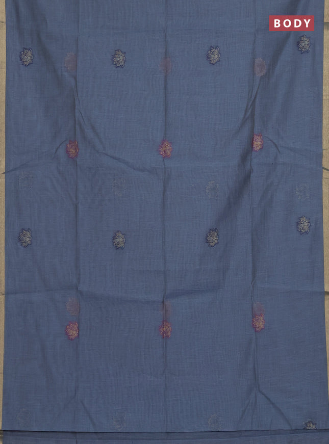 Munga cotton saree bluish grey with thread woven floral buttas and floral design pallu