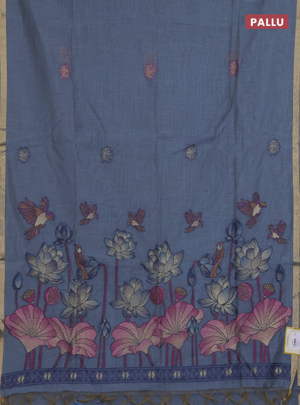 Munga cotton saree bluish grey with thread woven floral buttas and floral design pallu