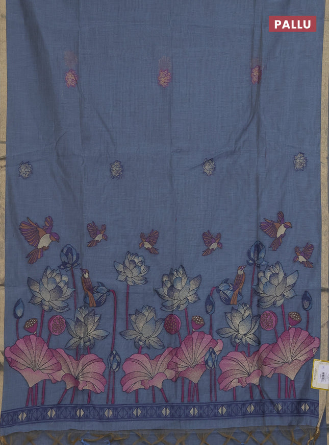 Munga cotton saree bluish grey with thread woven floral buttas and floral design pallu