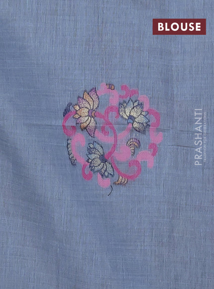 Munga cotton saree bluish grey with thread woven floral buttas and floral design pallu